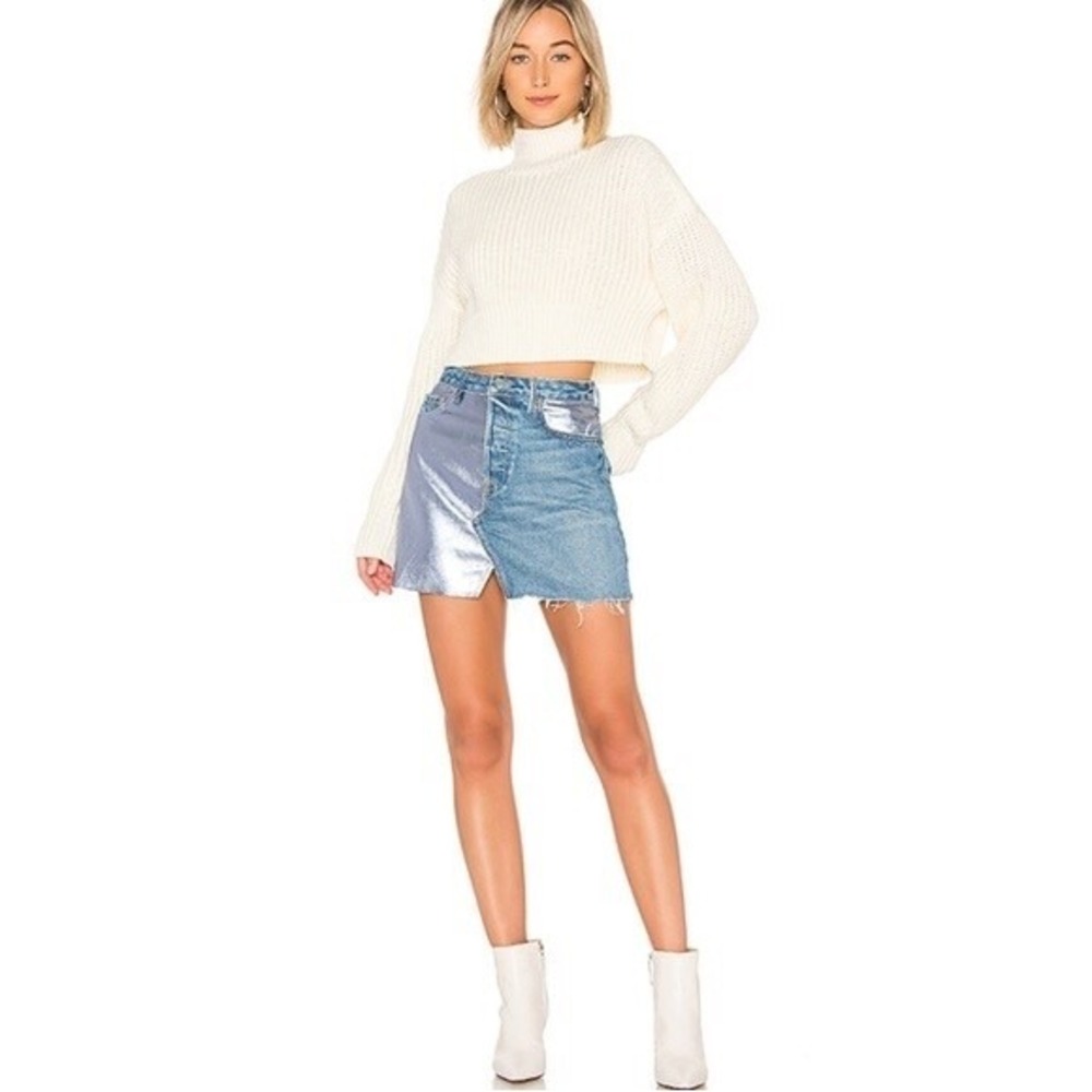 GRLFRND Girlfriend Milla Metallic Panel Denim Silver Mini Skirt Two Face Size 28